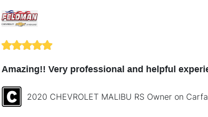 We just received a great review on Carfax. Thank you 2020 CHEVROLET MALIBU RS Owner!
