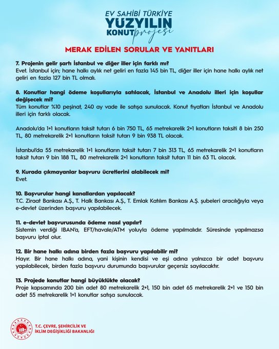 Infographic titled EV SAHİBİ TÜRKİYE YÜZYILIN KONUT PROJESİ lists numbered questions and answers about the housing project including locations in 81 provinces priority in 10 earthquake-prone cities like Istanbul Izmir and Adana urban transformation districts delivery timelines within 2025 for 350 thousand units financing options and application processes with ministry logo at bottom.