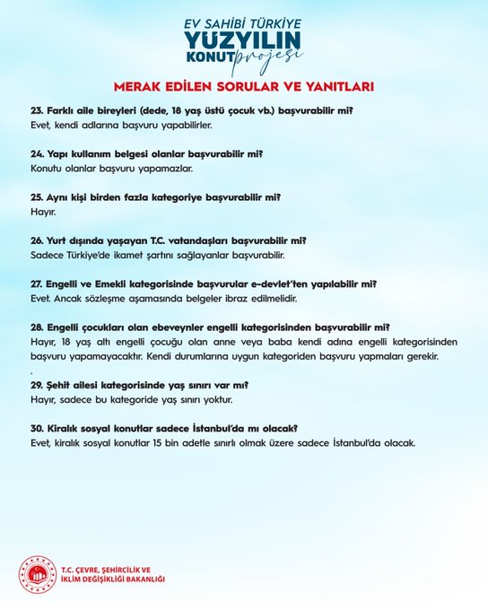 Infographic titled EV SAHİBİ TÜRKİYE YÜZYILIN KONUT PROJESİ lists numbered questions and answers about the housing project including locations in 81 provinces priority in 10 earthquake-prone cities like Istanbul Izmir and Adana urban transformation districts delivery timelines within 2025 for 350 thousand units financing options and application processes with ministry logo at bottom.