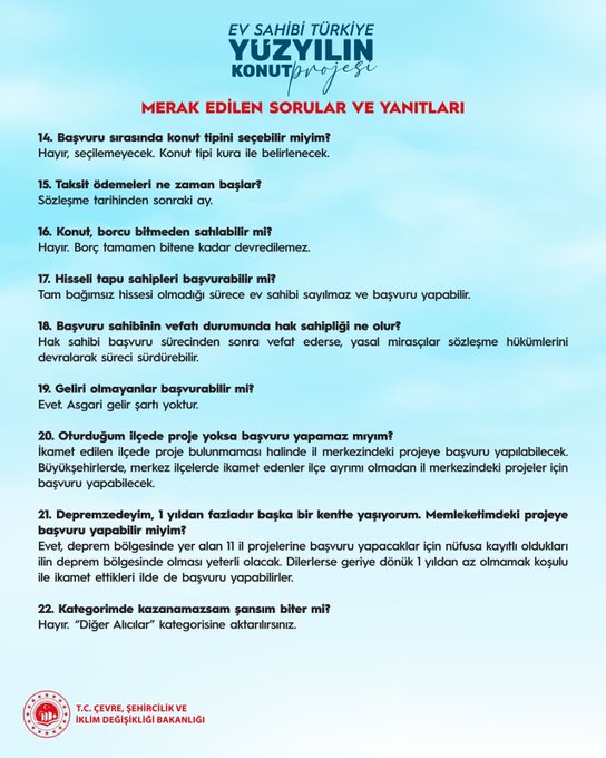 Infographic titled EV SAHİBİ TÜRKİYE YÜZYILIN KONUT PROJESİ lists numbered questions and answers about the housing project including locations in 81 provinces priority in 10 earthquake-prone cities like Istanbul Izmir and Adana urban transformation districts delivery timelines within 2025 for 350 thousand units financing options and application processes with ministry logo at bottom.