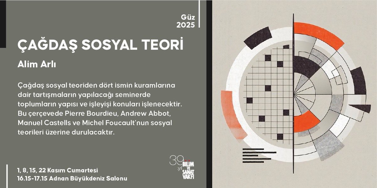 🍀 Alim Arlı ile "Çağdaş Sosyal Teori" semineri 2025 Güz Döneminde BİSAV'da! 

📌 Ayrıntılar için 👉🏻 tinyurl.com/seminerlist

📌 Kayıt için 👉🏻 tinyurl.com/2025guz