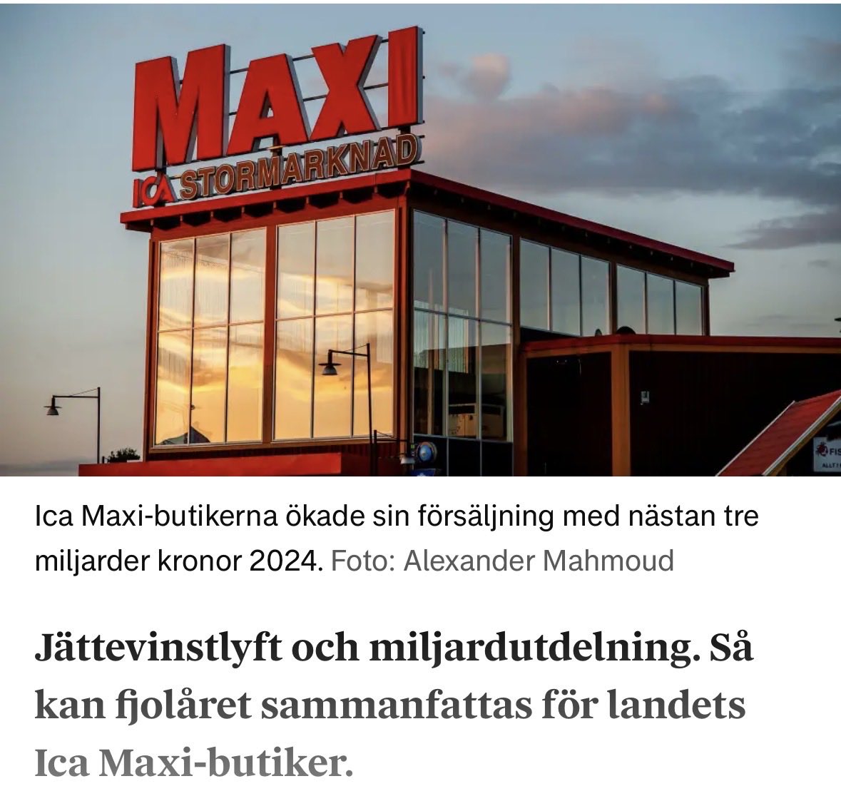 Höga vinster och miljardutdelningar hos Ica Maxi trots utfästelser om sänkta priser. Ohållbart. 

Inför ett prisstopp på mat.