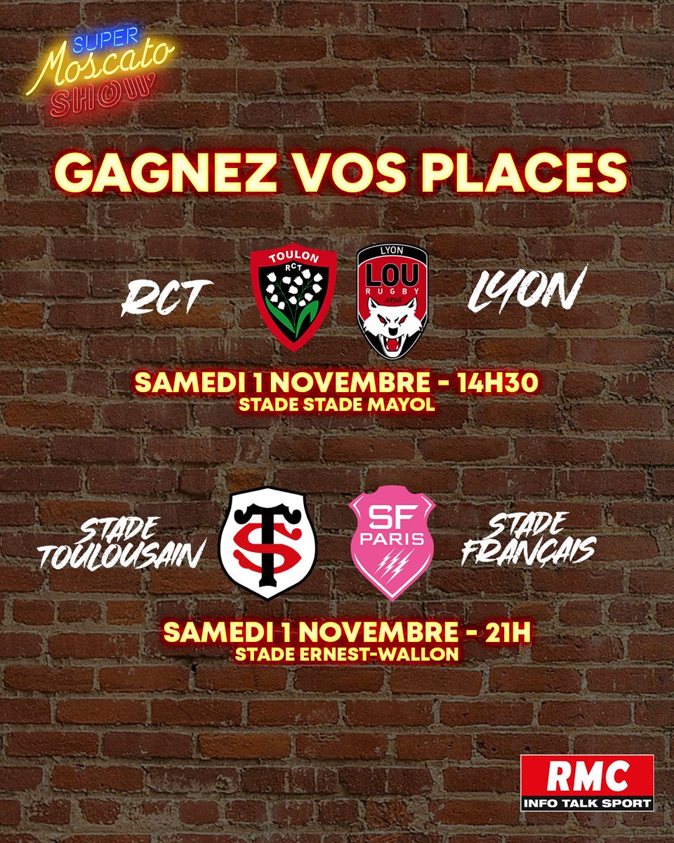 Moscato_Show's tweet image. 🎁 JEU CONCOURS

🎟️ A l&apos;occasion de la 9e journée de Top 14, tentez de remporter vos places pour le match de votre choix.

🍀 Pour participer, RT + Follow @Moscato_Show, et commente ton équipe favorite. Bonne chance l&apos;équipe !