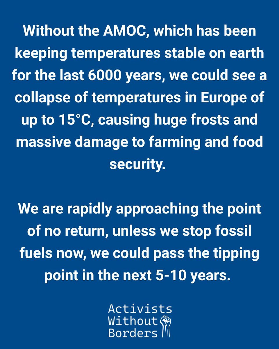 The Atlantic’s vital current system (AMOC) is nearing collapse as scientists warn it could fail within a decade. Europe could freeze, the US &amp; Caribbean could flood. We must end fossil fuels now before it’s too late. 🌍⚠

#ClimateCrisis #EndFossilFuelsNow