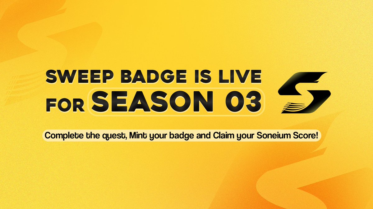 Those who have minted the Sweep Badge will be eligible to earn <a href="/soneium/">Soneium 💿</a> Score in Season 03 💿

✅ Please check your eligibility in the portal:

➡️ portal.soneium.org/en

If you haven’t minted yet, there’s still time to get yours and earn the score:

➡️sweep.haus/quests/mint/Sw…