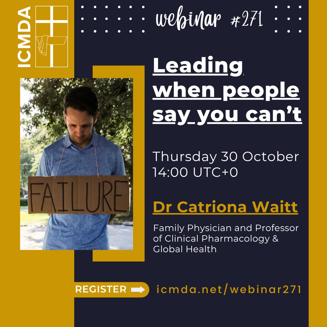 icmdanet's tweet image. Have you ever had someone say, &apos;you can&apos;t do that&apos;?

Join Dr Catriona Waitt as she shares what she would have valued hearing 20 years earlier going in to medical missions.

Leading when people say you can&apos;t.
Register at icmda.net/webinar271