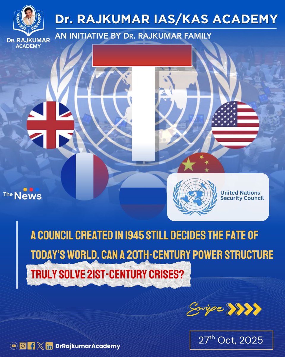 DrRajAcademy's tweet image. Reforming the UN Security Council is no longer a choice but a necessity — the world has changed, but the UNSC hasn’t. Time for a structure that reflects today’s realities, not yesterday’s power.
#UNSCReforms #IndiaAtUN #Multilateralism #UPSC  #DrRajkumarAcademy