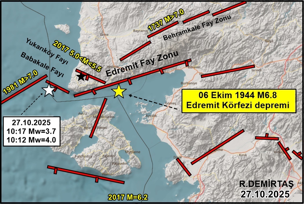 * Ayvacık (#Çanakkale), Babakale açıklarında, Ege Denizi'nde, Babakale fayı üzerinde:

27.10.2025
10:17 Mw=3.7
10:12 Mw=4.0

büyüklüğünde iki küçük #deprem oldu.

* Bölgede son yüz yılda olan hasar-yıkıcı depremleri gösterilmiştir.

* Birileri gerilebilir, çok da itibar etmeyin !