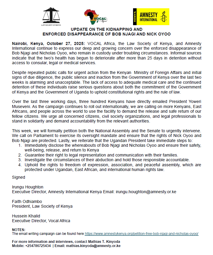 STATEMENT: For over 25 days, Bob Njagi and Nicholas Oyoo have been held incommunicado in Uganda. We call on both the Governments of Kenya and Uganda to uphold the rule of law and immediately ensure their safe return. Read the full statement here: amnestykenya.org/update-on-the-…
