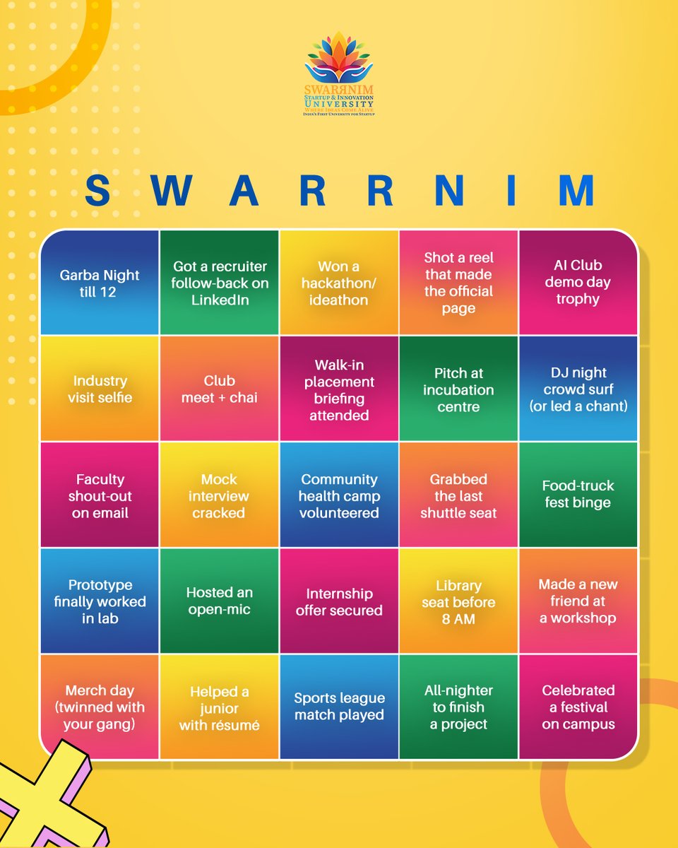 SwarrnimUni's tweet image. From cracking mock interviews to DJ night chants, from Garba nights to hackathon wins — life at Swarrnim University is never just about classes. 

Here’s your Swarrnim Student Life Bingo — how many of these have you ticked off already? 
.
#SwarrnimUniversity #CampusLife