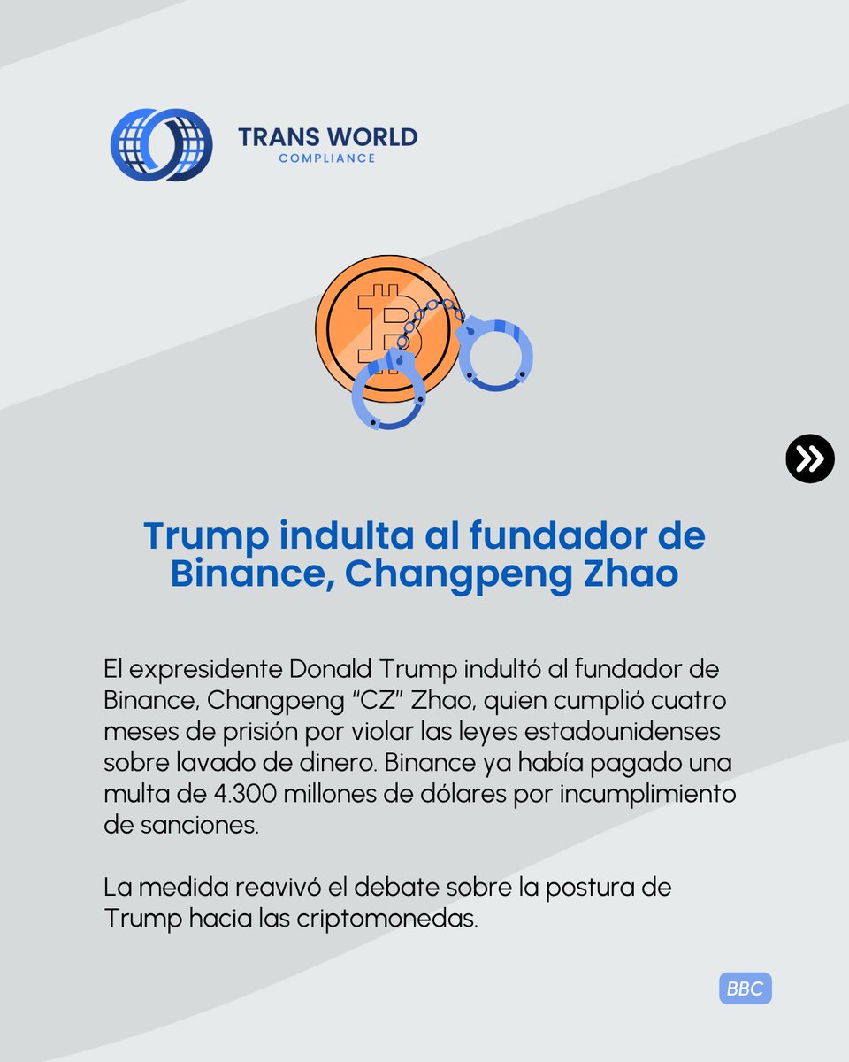 TransWorldComp's tweet image. #Noticias | Los indultos, sanciones y penas de prisión nos recuerdan que los delitos financieros conllevan costes legales y reputacionales que traspasan fronteras, independientemente del poder de los implicados.

Lea más: hubs.la/Q03Q8ZrK0

#Cripto #Cumplimianto #AML