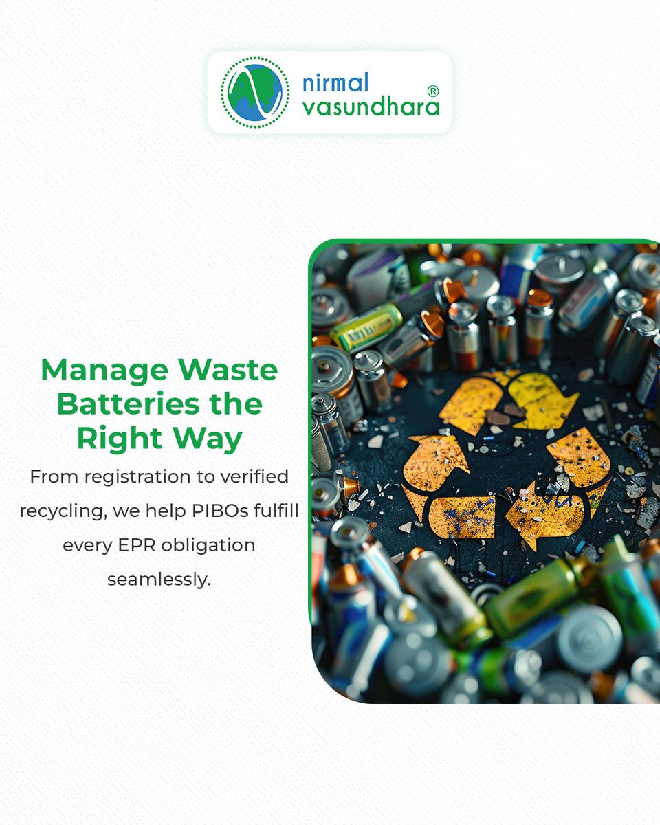 Used, expired, or off-spec, all batteries count as waste under EPR. 
Stay compliant &amp; recycle responsibly with Nirmal Vasundhara.

#EPR #Sustainability #BatteryWaste #Compliance