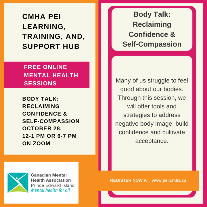 cmha_pei's tweet image. Struggling with body image? Join us tomorrow for a session that offers tools to build confidence and cultivate acceptance. Let's work together to celebrate ourselves! 💖✨ Regsiter: pei.cmha.ca/our-programs/c… #BodyPositive #SelfAcceptance #LoveYourself #MentalHealthMatters #CMHAPEI