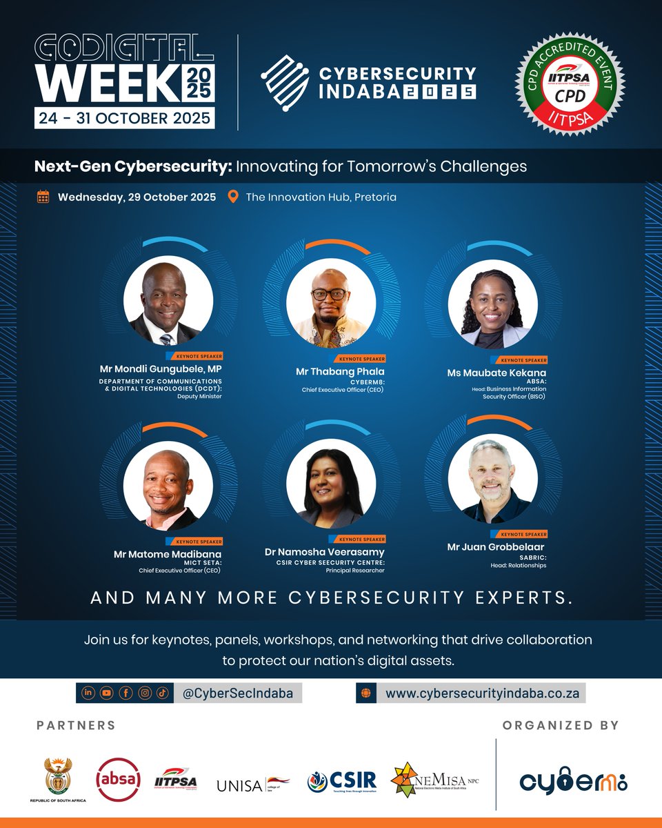 Meet Our Keynote Speakers | Second Annual Cybersecurity Indaba

South Africa’s leading minds in cybersecurity are taking the stage at the Second Annual <a href="/CybersecIndaba/">Cybersecurity Indaba</a>, themed “Next-Gen Cybersecurity: Innovating for Tomorrow’s Challenges.” 

#TechLeadership