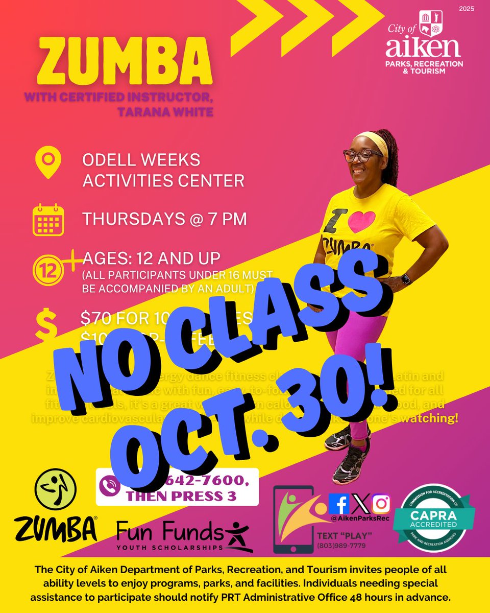 AikenParksRec's tweet image. 📢 Zumba Update!
Please note there will be no class on October 30.
We’ll see you back on the dance floor next week — get ready to keep the energy going! 🎶

#AikenParksRec #Zumba #AikenSC #OdellWeeks #GetMoving #DanceFitness