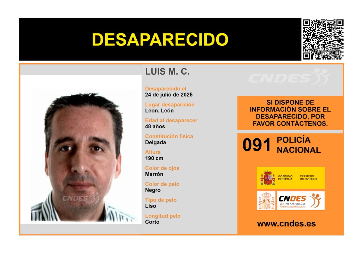 ⚠️🚹MAYOR DESAPARECIDO🚹⚠️
Edad 48 años
🧐Última localización #León
Ayúdanos➡️comparte 📲
Si crees haberla visto 📩cndes-web.ses.mir.es/publico/Desapa…
☎️091 <a href="/policia/">Policía Nacional</a>
<a href="/cndes_oficial/">CNDES</a> #adulto #desaparecido