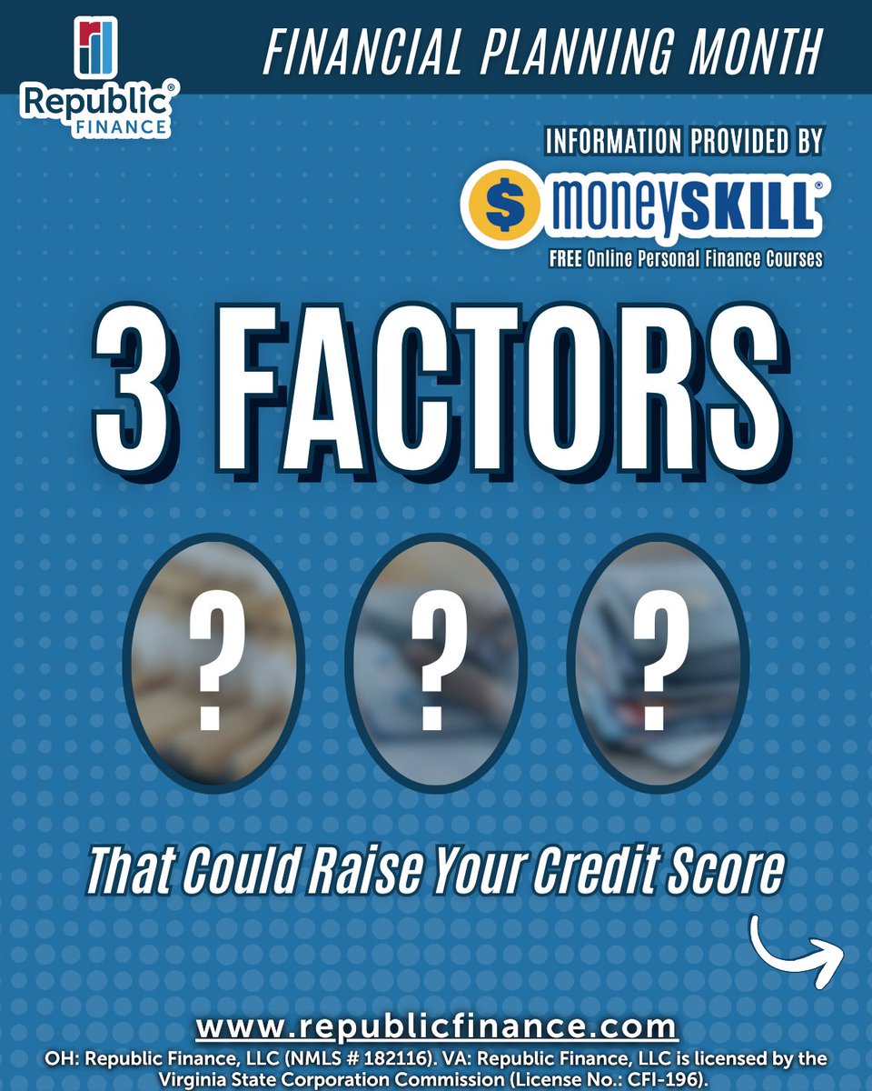 RepFinance's tweet image. Small changes can make a big impact on your credit!🌟

To wrap up Financial Planning Month, we’re spotlighting 3 Factors That Could Raise Your Credit Score — straight from our FREE MoneySKILL® courses!

Learn more about credit with FREE MoneySKILL® courses on our website!