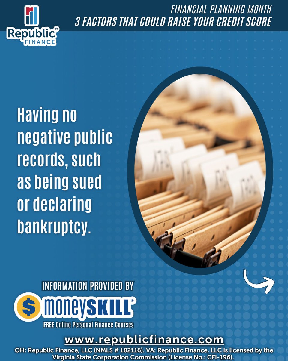 RepFinance's tweet image. Small changes can make a big impact on your credit!🌟

To wrap up Financial Planning Month, we’re spotlighting 3 Factors That Could Raise Your Credit Score — straight from our FREE MoneySKILL® courses!

Learn more about credit with FREE MoneySKILL® courses on our website!
