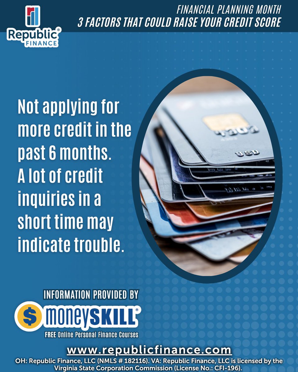 RepFinance's tweet image. Small changes can make a big impact on your credit!🌟

To wrap up Financial Planning Month, we’re spotlighting 3 Factors That Could Raise Your Credit Score — straight from our FREE MoneySKILL® courses!

Learn more about credit with FREE MoneySKILL® courses on our website!