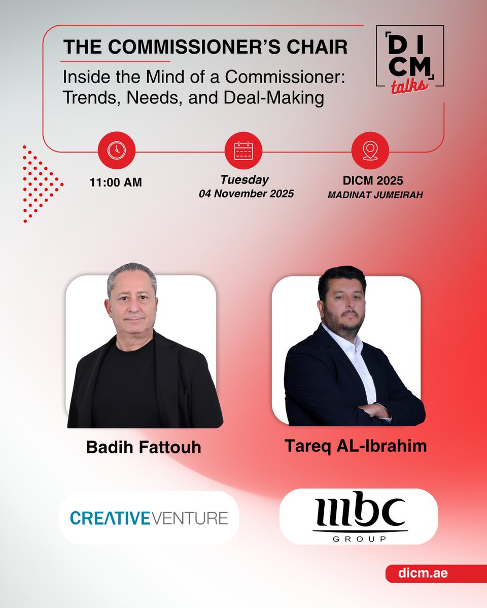 Join Badih Fattouh and TAREQ AL-IBRAHIM (<a href="/MBCGroup/">MBC Group</a> ) for an exclusive one-on-one discussion on what truly shapes decision-making in today’s content landscape, from creative trends and audience insights to deal-making dynamics.
 
4 November 2025, 11 AM

#DICM2025 #DICMTalks