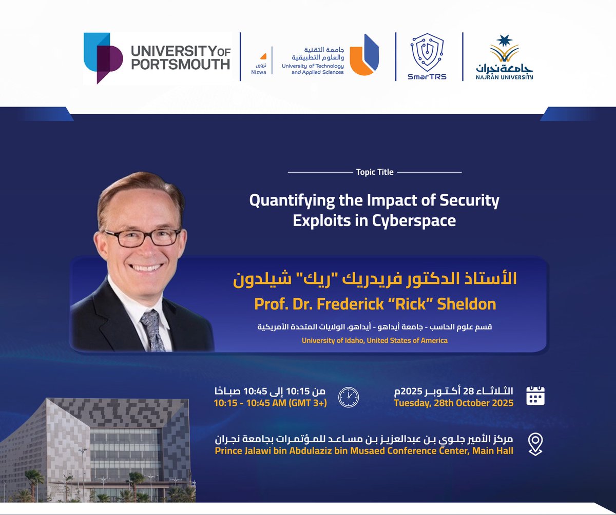 Najran_Univers's tweet photo. يجمع المؤتمر الدولي للتقنيات الذكية والأنظمة الموثوقة بـ #جامعة_نجران، نخبة من الباحثين والأكاديميين والخبراء الصناعيين والطلبة، لتبادل المعرفة ومناقشة أحدث الابتكارات في التقنيات الذكية والأنظمة الموثوقة عبر جلسات نقاشية متخصصة، وعرض لأحدث الأبحاث مما يمثل فرصة للتواصل، والتعلّم، وبناء الشراكات المستقبلية.