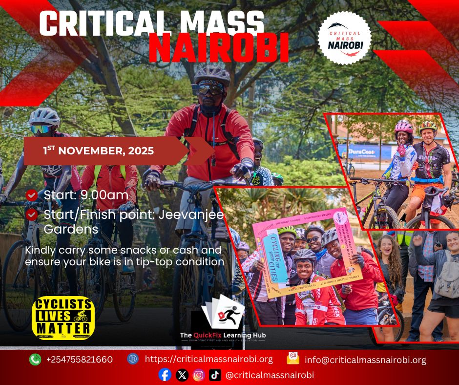 CriticalMassNbi's tweet photo. Date: Saturday, 1st/ 11/ 2025

🗣️Tell a Friend to invite a Friend.

🌍 Venue: Jeevanjee gardens Nairobi

⏰ Time : 08:00Am to 12:30pm

🎉 Please note that this is a Free Ride.

📍Route: will be shared on Saturday https://t.co/vGgsrQkbLW
