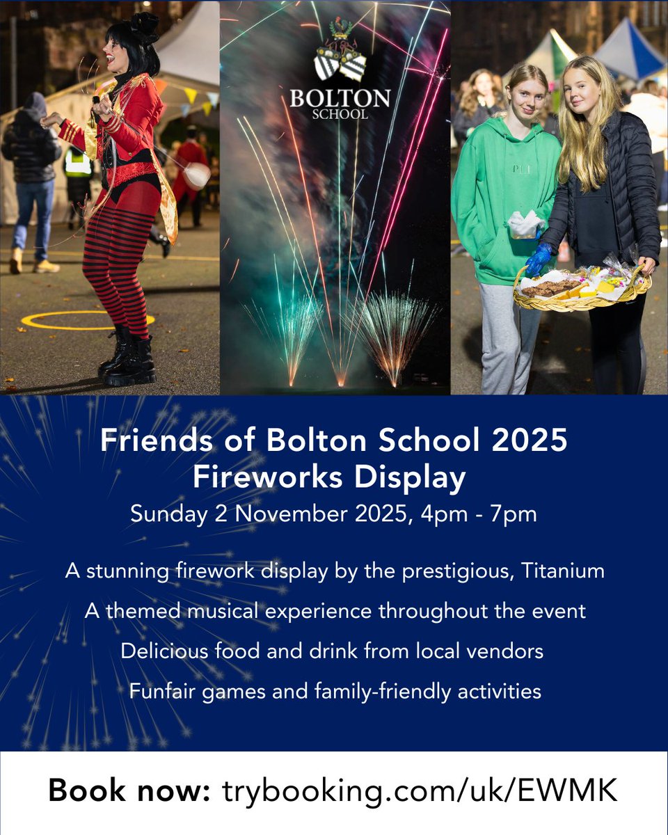BoltonSchAlumni's tweet photo. 🎆FoBS 25' Fireworks Display – 2 Nov.
Join us for a spectacular evening of fireworks, music & family entertainment at #BoltonSch. This much-loved community event promises fun for all ages.
➡️Book now: https://t.co/xi6lDS47K4
#BoltonFireworks https://t.co/JNwHo25Ic1