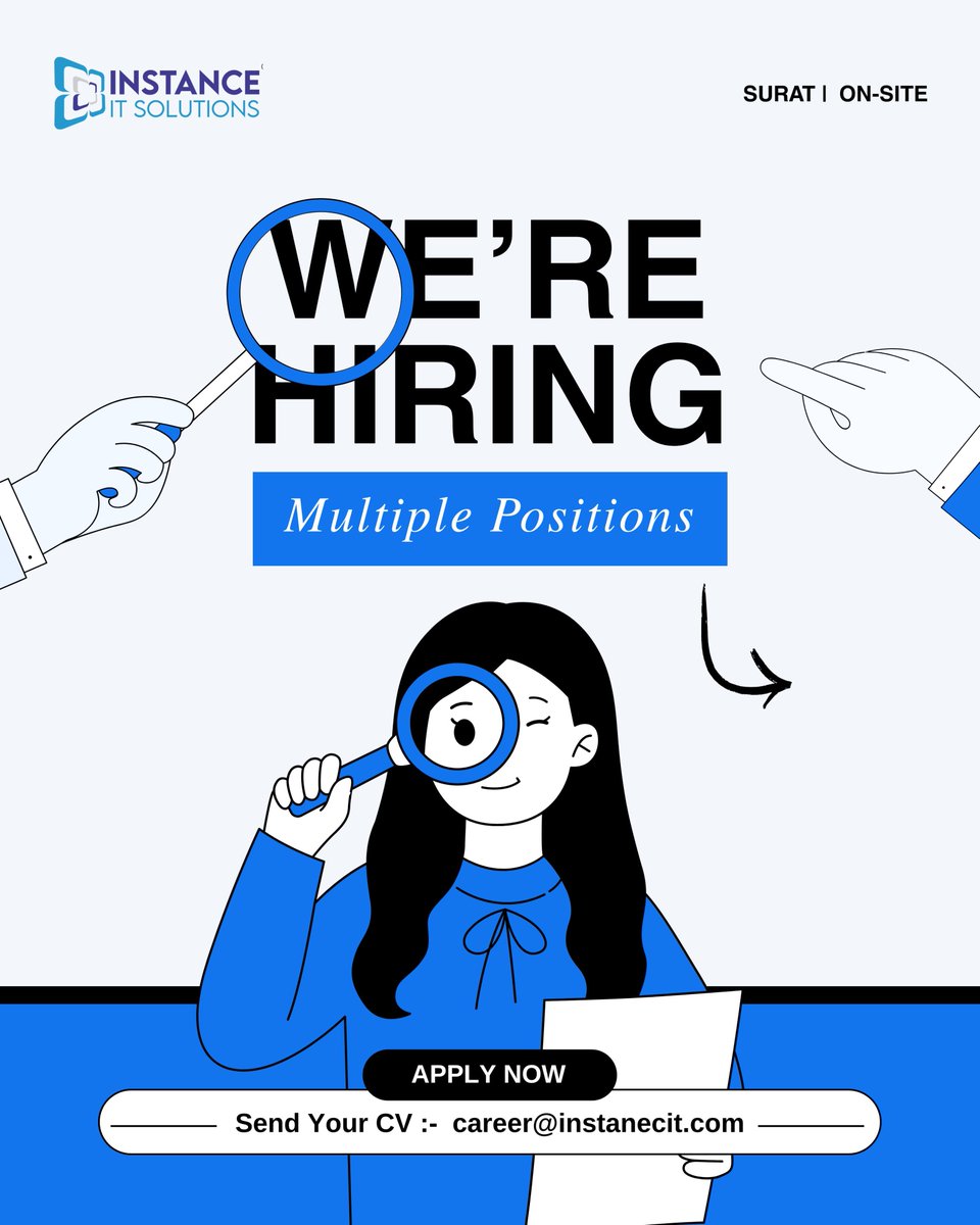 instance_it's tweet image. Hey Surat! 👋
💻Join Instance IT Solutions and take your career forward — from tech to design!
#WeAreHiring #ITJobsSurat #TechCareers #JoinInstanceIT #CareerGrowth #SoftwareJobs #HiringNow #JoinInstanceIT #CareerOpportunity #TechTalent #WorkCulture #DesignJobs