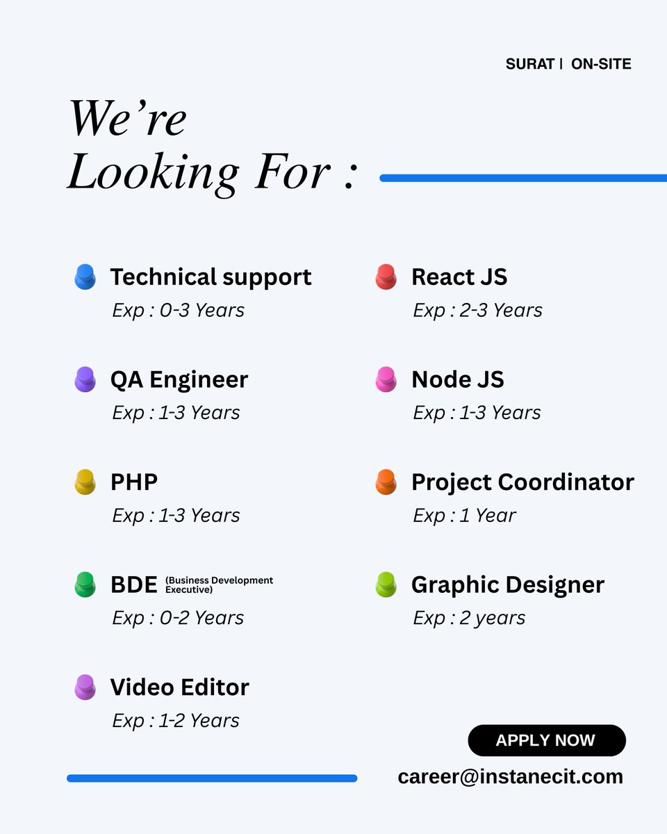 instance_it's tweet image. Hey Surat! 👋
💻Join Instance IT Solutions and take your career forward — from tech to design!
#WeAreHiring #ITJobsSurat #TechCareers #JoinInstanceIT #CareerGrowth #SoftwareJobs #HiringNow #JoinInstanceIT #CareerOpportunity #TechTalent #WorkCulture #DesignJobs