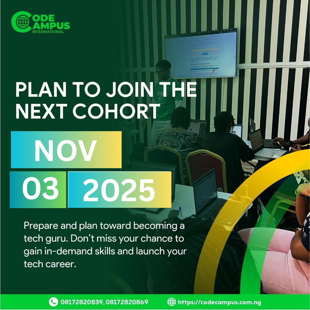codecampusng's tweet image. It’s Your Time to Code Your Future!
Get the skills that make you unstoppable.
Next Cohort: Nov 3, 2025