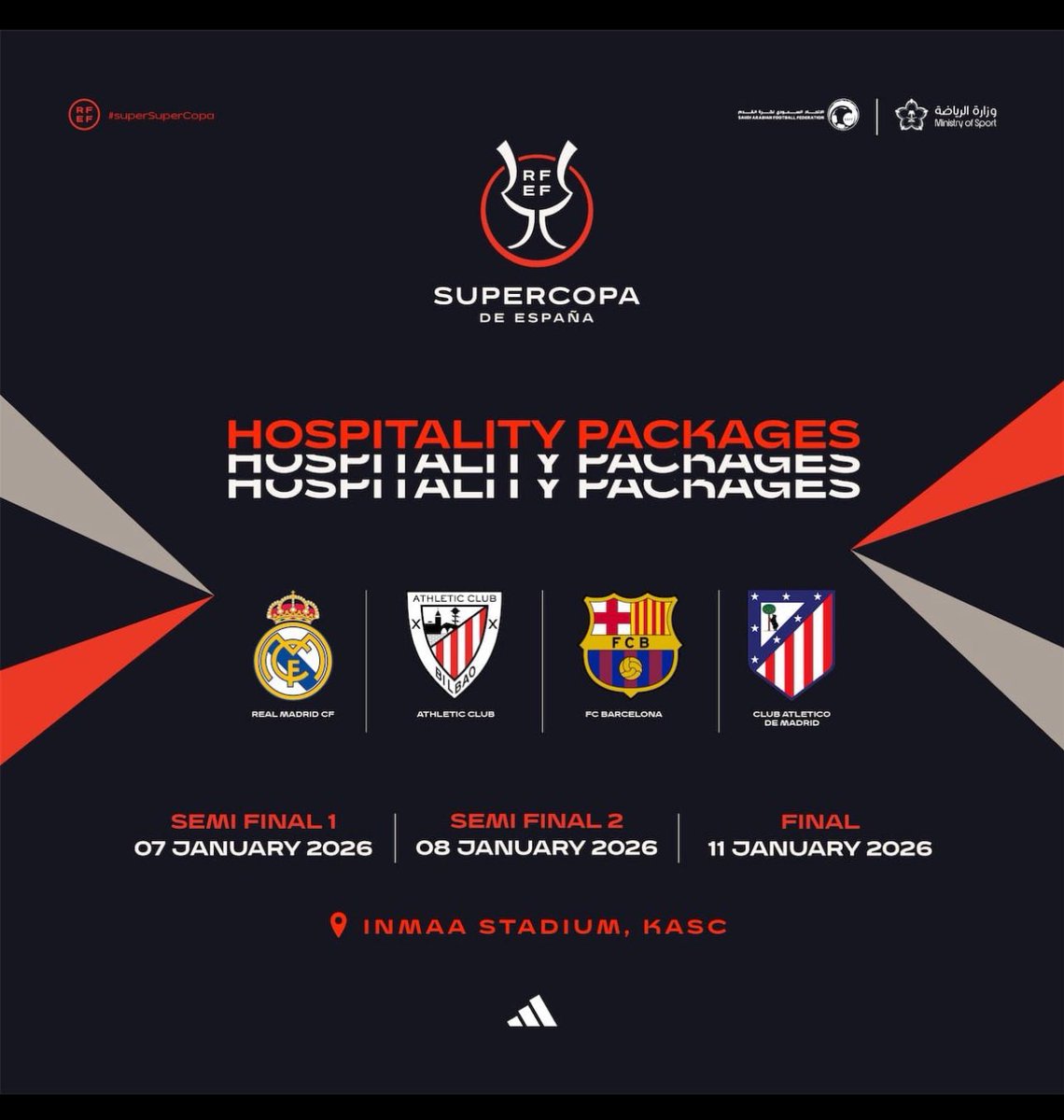 تم طرح تذاكر السوبر الإسباني في جدة 🔥🔥
تذاكر سوبر إسبانيا 🎟️🇪🇸

4 فرق.. يتنافسون على كأس واحدة 🏆
 #السوبر_الإسباني_بجدة  🇸🇦

- مباراة ريال مدري أمام  أتليتكو مدريد 
- مباراة برشلونة أمام  وأتليتكو بيلباو 

الحجر عبر الرآبط في الصفحة 🔥🎟️

 #اتلتيكو_مدريد_ريال_مدريد