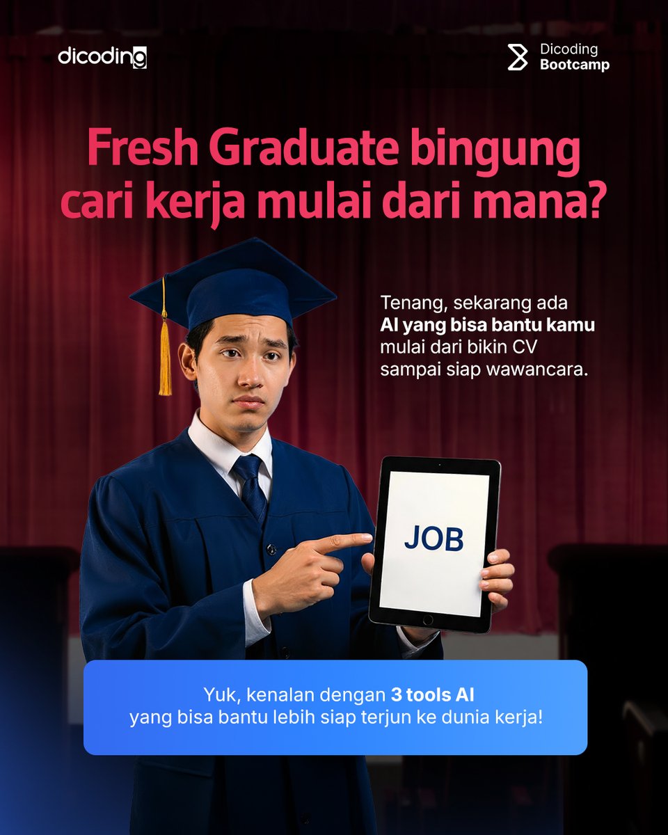 dicoding's tweet image. Fresh graduate bisa unggul kalau paham cara kerja AI💡  

Dari bikin CV yang rapi sampai latihan jawab pertanyaan HR, AI bisa bantu kamu jadi kandidat yang lebih siap 💼✨

#DicodingThread
