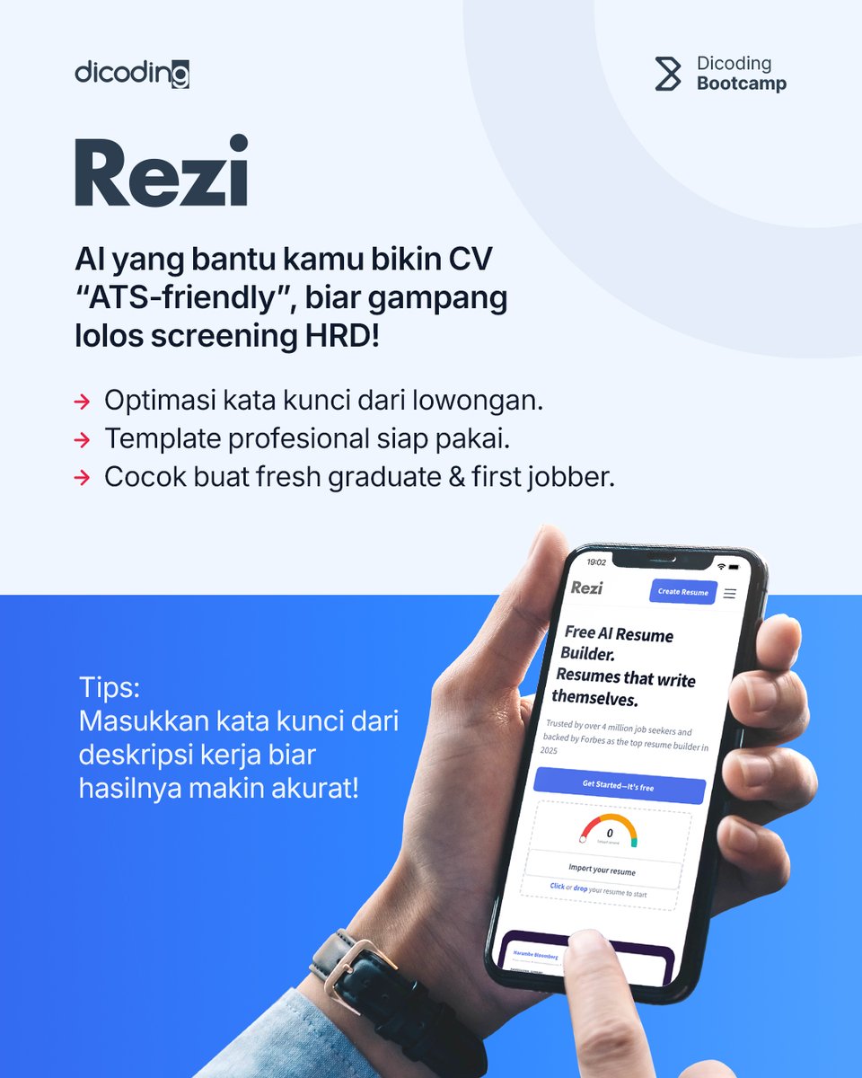 dicoding's tweet image. Fresh graduate bisa unggul kalau paham cara kerja AI💡  

Dari bikin CV yang rapi sampai latihan jawab pertanyaan HR, AI bisa bantu kamu jadi kandidat yang lebih siap 💼✨

#DicodingThread