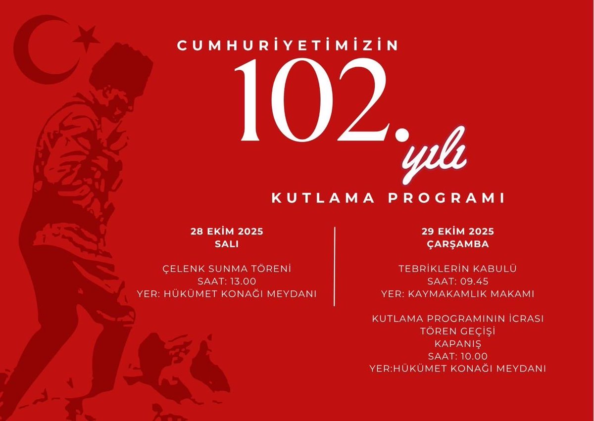 Cumhuriyetimizin 102. Yılını gurur ve coşkuyla kutlayacağımız Cumhuriyet Bayramı Kutlama Programı’na tüm vatandaşlarımız davetlidir. 🇹🇷
#29ekimcumhuriyetbayramımızkutluolsun