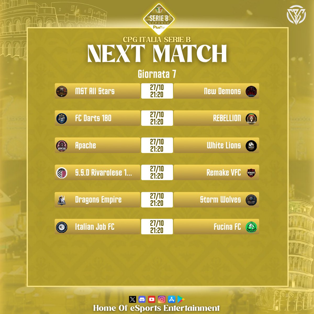 🏆 CPG Italia
⚽️ Serie B
📊 Accoppiamenti
🗓️ Giornata 7

<a href="/eRivarolese1906/">S.S.D Rivarolese1906 esports</a> 
<a href="/MST_evergreen/">MASTINI ProClub</a>
<a href="/FCRebellionn/">Rebellionn</a>
<a href="/APACHE_ESP/">Apache eSports</a>
<a href="/NEWDEMONSX1/">Salvo Cassata</a> 
<a href="/FucinaFC/">FucinaFc</a>
<a href="/FcDarts180/">Fc Darts180</a>
@italianjob_Fc
<a href="/NicholasGR63/">DRAGONS EMPIRE</a> 
<a href="/RemakeVFC/">𝗠𝗮𝗻𝗼𝘂 🇧🇪</a>
@Storm_Wolves
<a href="/DaniloPetr89689/">White Lions</a>