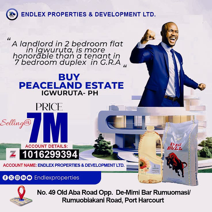 EndlexGroup's tweet photo. A landlord in a 2-bedroom flat in Igwuruta is more honorable than a tenant in a 7-bedroom duplex in G.R.A

Own your plot at Peaceland Estate, Igwuruta–PH for just ₦7M!

Call us now to secure your plot :
07073894555

#RealEstate #PeacelandEstate #PortHarcourt #EndlexProperties https://t.co/E1eLstJHGU