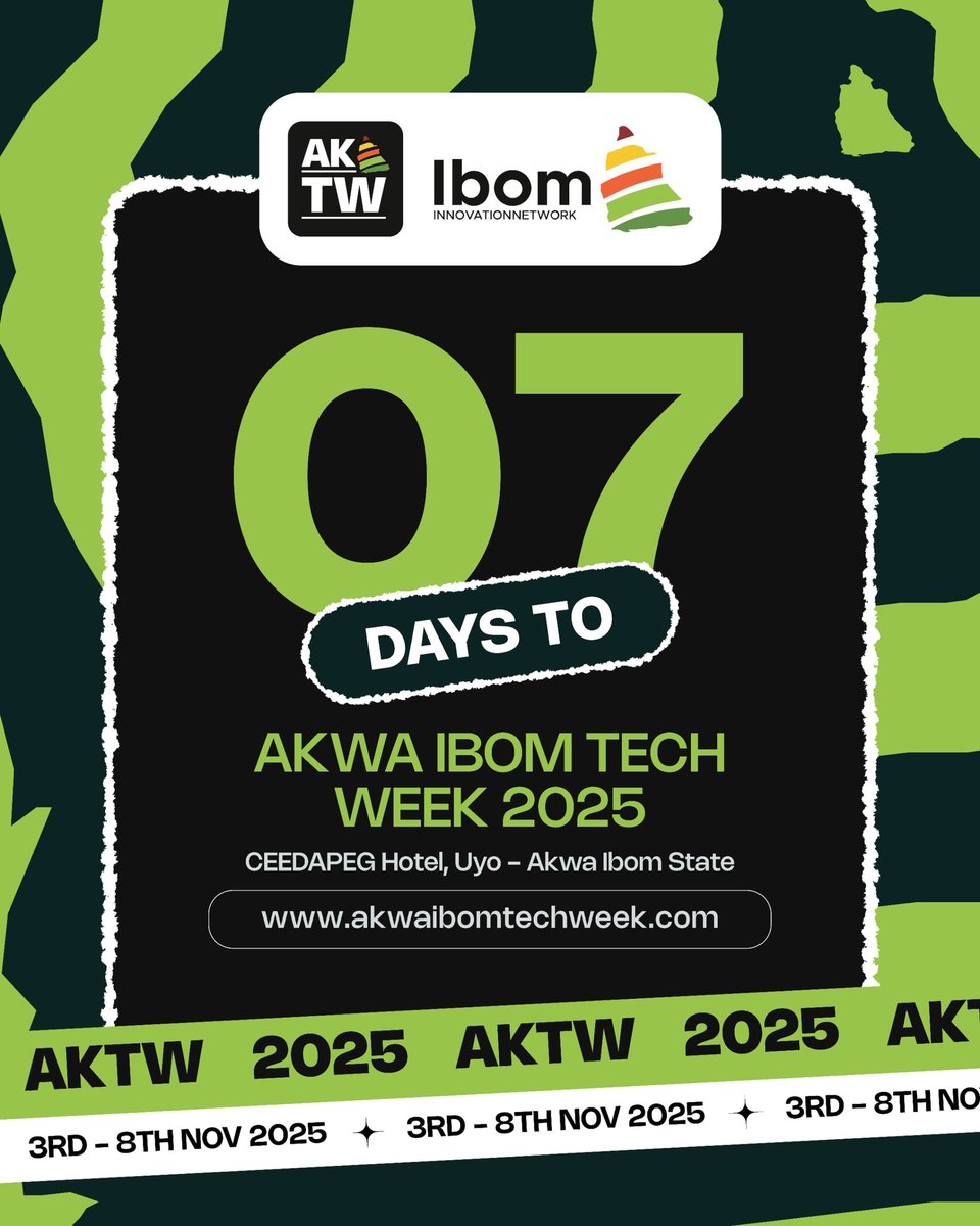 oto_jonah's tweet photo. It's almost here!
Just 7 days to #AKTW2025

A week of tech, innovation, creativity &amp; culture - all in Uyo!

November 3–8, 2025
CEEDAPEG Hotel, Uyo

Register: https://t.co/pR11v7kRzI

#AkwaIbomTechWeek #7DaysToGo #TechForImpact https://t.co/yikwc5a8a9