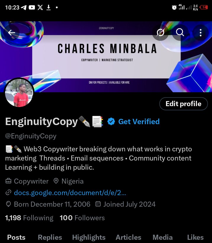 EnginuityCopy's tweet image. Wow, 100 of you amazing Web3 builders in my corner! 🙌 Grateful for the support as we decode crypto marketing together. 

What&apos;s one thing you want to learn about Web3? 

Drop it below! 🚀 #Web3 #Crypto