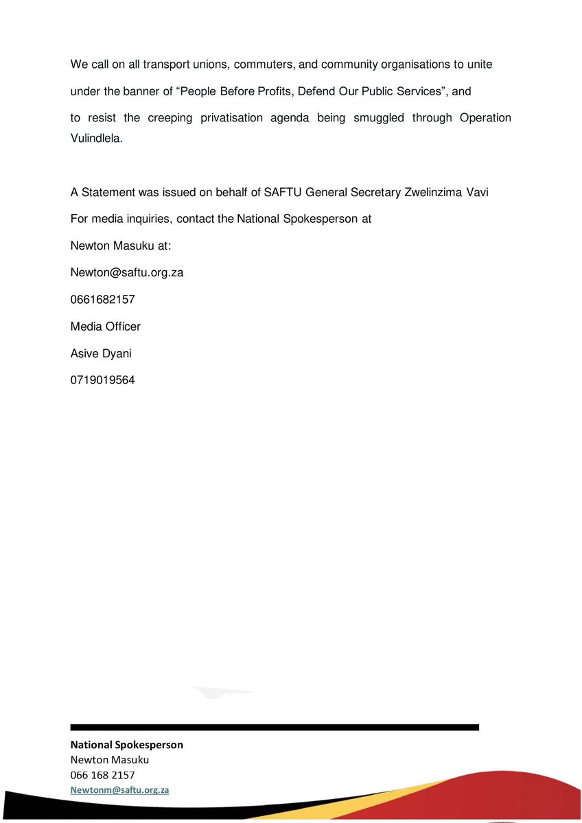 SAFTU rejects the creeping privatisation of South Africa's Rail system. Transport minister <a href="/BarbaraCreecy_/">Minister of Environment, Forestry & Fisheries 🇿🇦</a> Inviting private partners... A betrayal of working class <a href="/PRASA_Group/">PRASA Group</a> <a href="/Eskom_SA/">Eskom Hld SOC Ltd</a> <a href="/TheGautrain/">Gautrain</a> Port and Freight concession... <a href="/SAFTU_media/">SAFTU</a>'s Demand:....... #saftu #railsystem