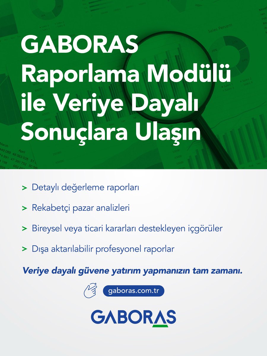 📊 Doğru yatırımın yolu doğru veriden geçer!

GABORAS Raporlama Modülü ile:

✔ Karar verme sürecinizi destekleyen Dijital Gayrimenkul Değerleme Raporu sayesinde 

Veriye dayalı güvenle yatırım yapmanın tam zamanı 👉 
gaboras.com.tr

#Gaboras #raporlamamodülü