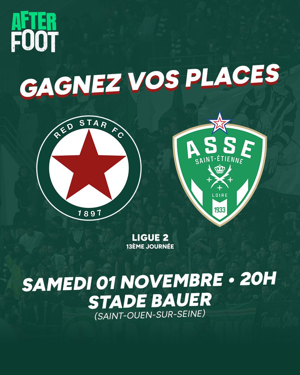🎁 JEU CONCOURS

🎟️ Tentez de remporter vos places pour le match du Red Star face à Saint-Etienne, qui aura lieu le samedi 1er novembre à 20h.

🍀 Pour participer, RT + Follow <a href="/AfterRMC/">After Foot RMC</a>, et commente ton prono. Bonne chance à tous !