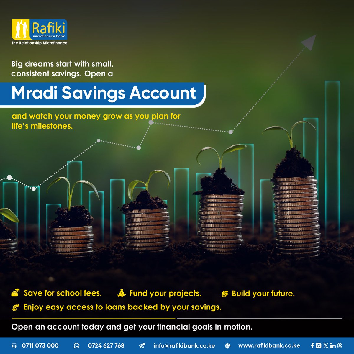 RafikiBank's tweet image. Open a Mradi Savings Account with us and watch your money grow as you plan for life's milestones.
Plus, enjoy easy access to loans backed by your savings!

➡️ Open your account now
📲 0711 073 000

#MradiSavings #SavingsGoals #FinancialFreedom #TheRelationshipMicrofinance