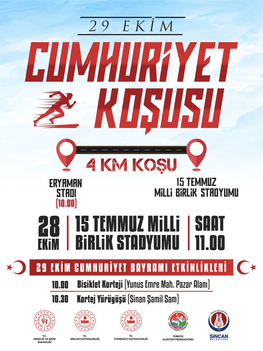 Cumhuriyetimizin 102. yılını hep birlikte kutluyoruz 🇹🇷

Bu yıl 29 Ekim coşkusunu yollara taşıyoruz.
🏃‍♀️ Eryaman Stadyumu’ndan başlayacak Cumhuriyet Koşusu ve
🚴‍♂️ Yunus Emre Mahallesi’nden yola çıkacak Bisiklet Korteji,
farklı noktalardan hareket edip Sinan Şamil Sam Spor