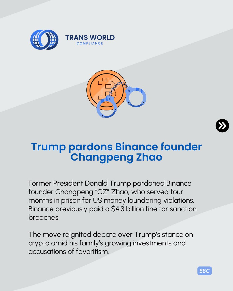 TransWorldComp's tweet image. #News | Pardons, penalties, and prison terms remind us: financial crimes carry legal and reputational costs that ripple across borders and markets, no matter how powerful the players.

Read more here: hubs.la/Q03Q8WSs0

#Compliance #AML #Crypto