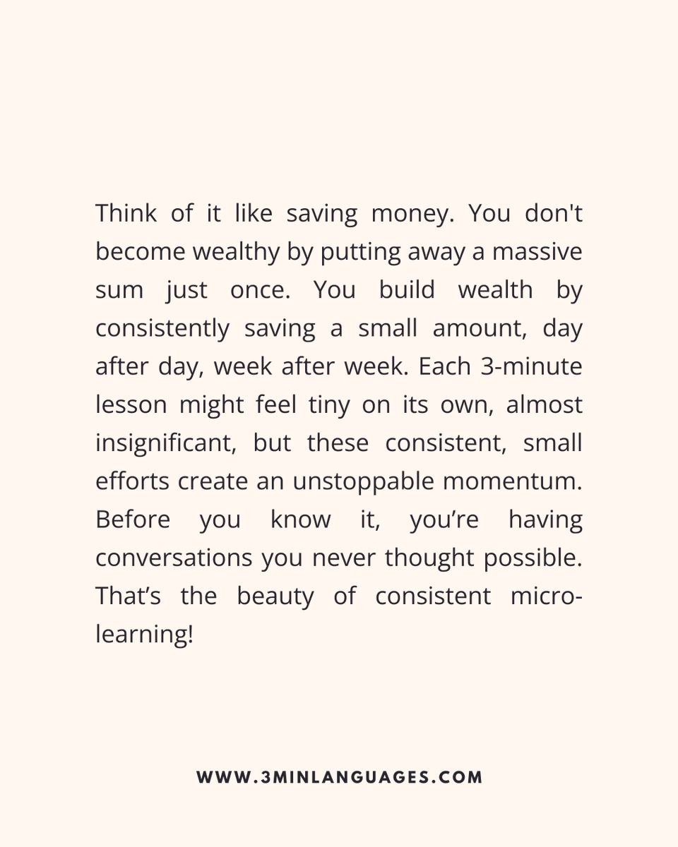 3MLanguages's tweet image. A little every day adds up.
 Micro wins → macro progress.
 👉 Build momentum in 3 minutes: 3minlanguages.com

#3MinuteLanguages #StudyIn3 #LanguageLearning #MicroLearning #Consistency #LearnFrench #LearnSpanish #LearnGerman #LearnItalian #LearnPortuguese
