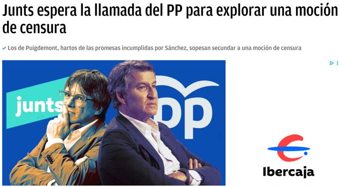 Two men in suits, one with glasses and the other with short hair, stand side by side against a blue background, with the Junts logo above the first man and the PP logo above the second man. Text overlays read Junts espera la llamada del PP para explorar una moción de censura and Los Puigdemont hartos las promesas incumplir por Sanchez, sepan segundo una moción de censura. A La Caixa bank logo appears at the bottom right.