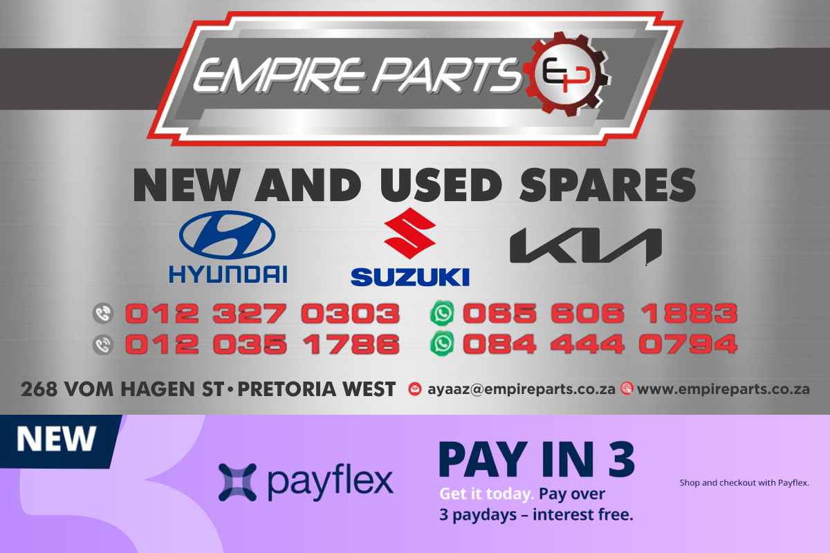 Buy new and used Hyundai, Suzuki and Kia spares at Empire Parts!

Address: 268 Vom Hagen Street, Pretoria West.
Call 060 018 0624, send an email to info@empireparts.co.za or visit go-to.co.za/ec44d9 to find out more.
