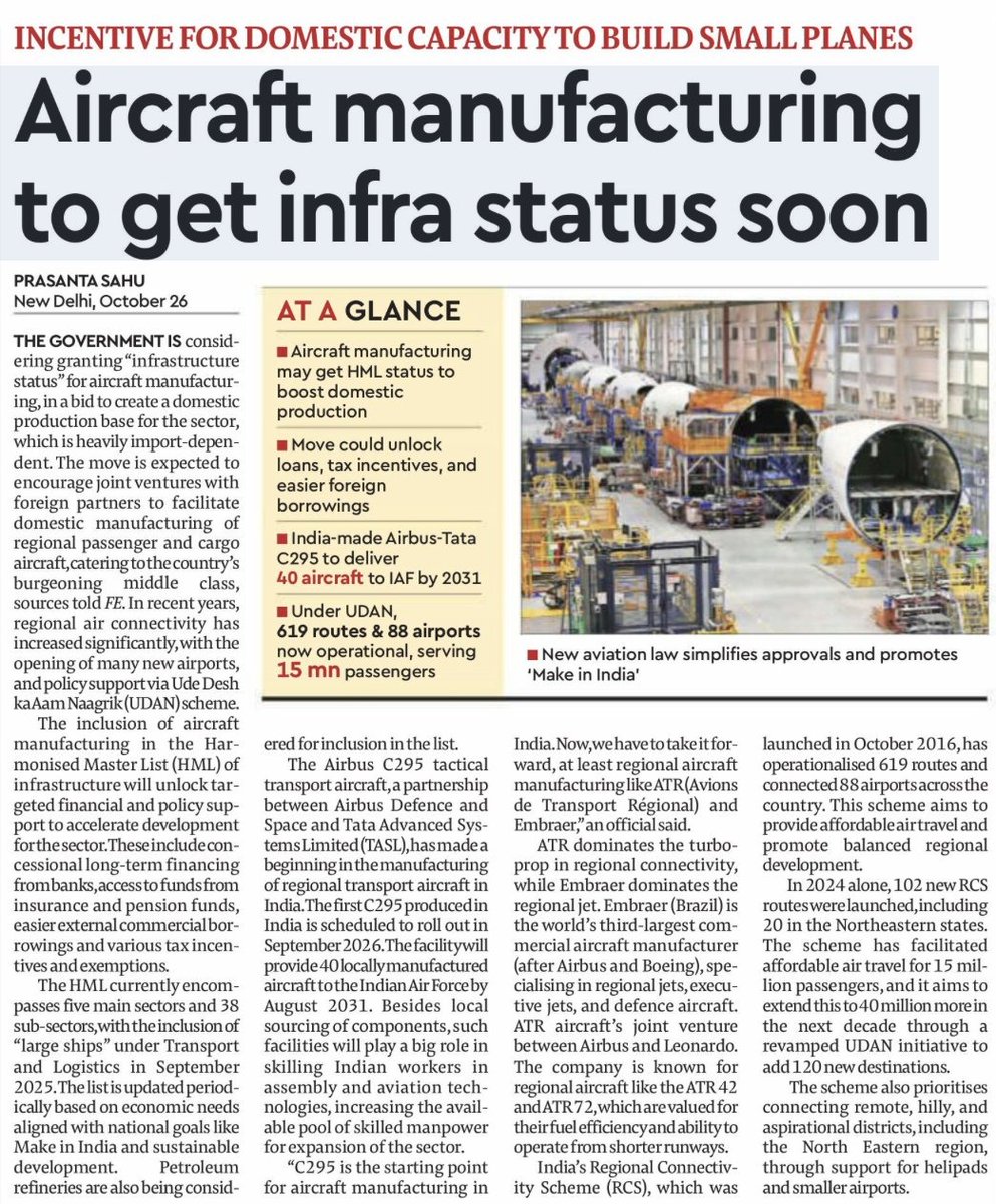 Vijay Chauhan (@_vijaychauhan) on Twitter photo Big step for #India’s aviation future! 🇮🇳
The government is set to grant “infrastructure status” to aircraft manufacturing — a move that can transform India from being an aircraft importer to a global producer. 
With the success of the Airbus–Tata C295 project already paving Big step for #India’s aviation future! 🇮🇳
The government is set to grant “infrastructure status” to aircraft manufacturing — a move that can transform India from being an aircraft importer to a global producer. 
With the success of the Airbus–Tata C295 project already paving