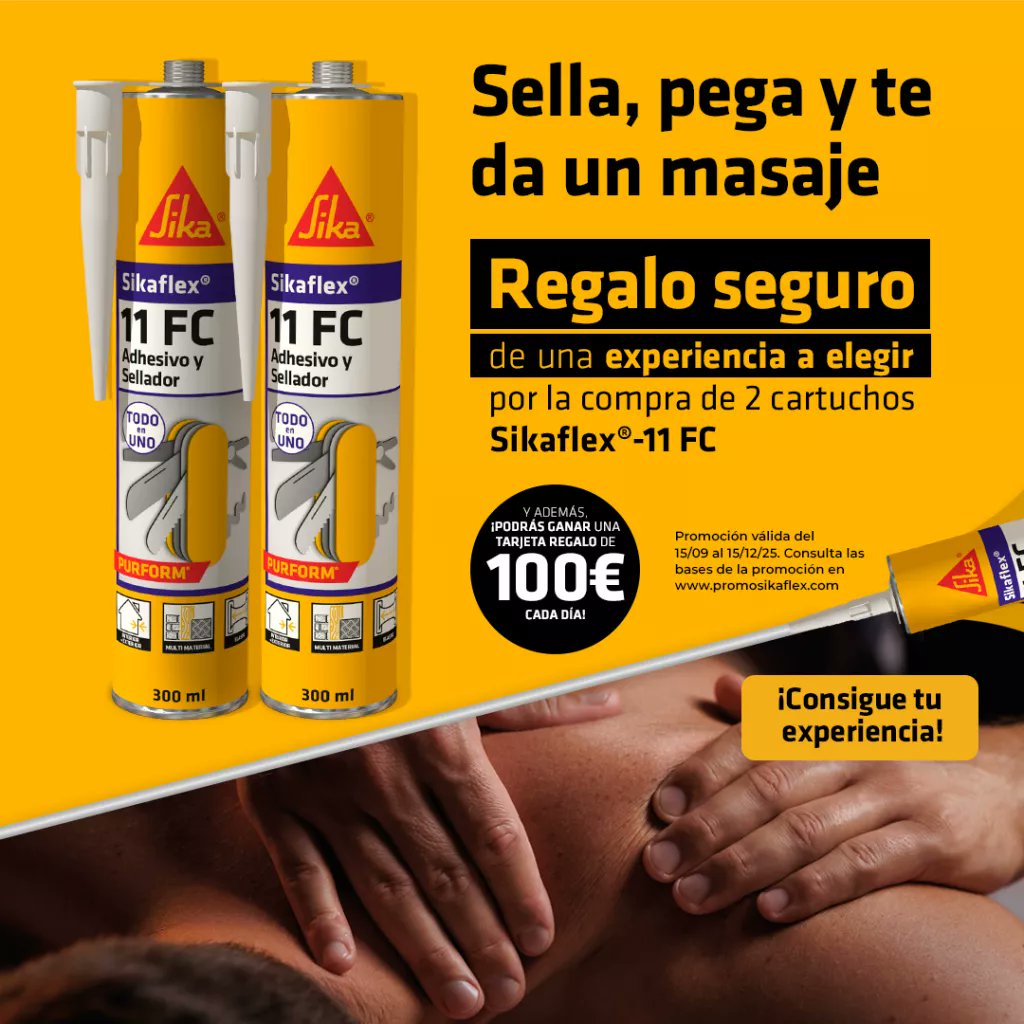 ¡En AIMSUR tenemos noticiones! 🤩

Por la compra de 2 botes de Sikaflex-11 FC o Evolution, tienes REGALO SEGURO 🎁.

¡Y además, con sorteo diario de una tarjeta regalo de 100€! 💳

¡Te esperamos!

👉 Más información y registro en: promosikaflex.com/home