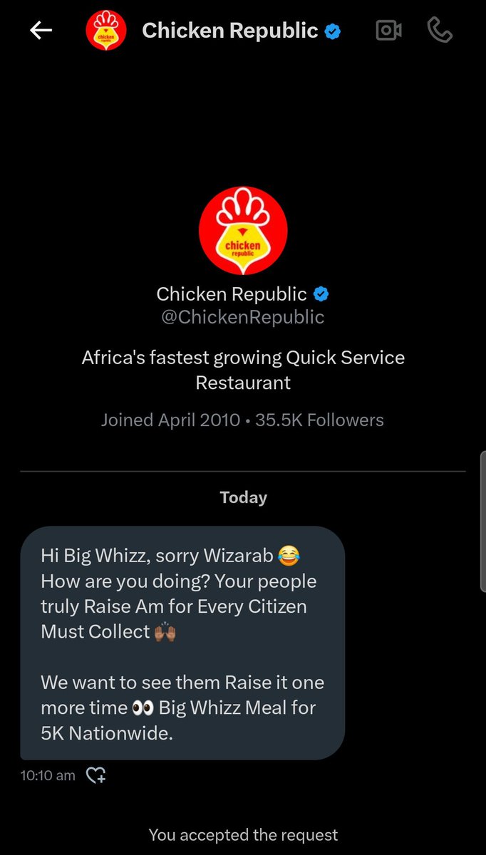 Twitter, shall we? Una no dey disappoint. 

Let's raise it one more time 👏🏽👏🏽👏🏽

Go to any Chicken Republic outlet and get the Big Whizz. Then post in the comments. It is just N5k

I'll be crediting 20 people in the comments with N10k each. Let's go 👏🏽👏🏽👏🏽